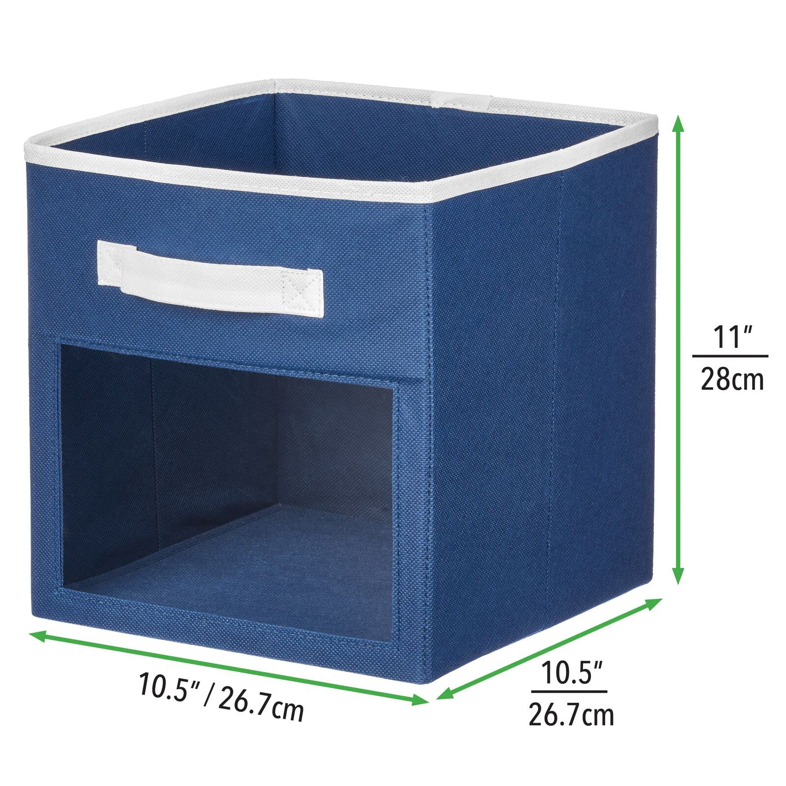 mDesign Fabric Nursery/Playroom Closet Storage Organizer Bin Box with Front Handle/Window for Cube Furniture Shelving Units  Hold Toys  Clothes  Diapers  Bibs  Jane Collection  4 Pack  Navy Blue/White